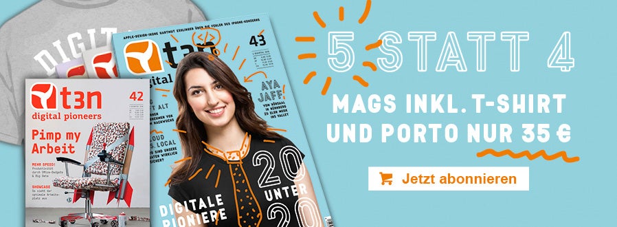 Bestellt jetzt ein Abo und erhaltet die Ausgabe 42 sowie unser Digital-Pioneers-T-Shirt gratis dazu. Die Aktion läuft noch bis zum 1. März.