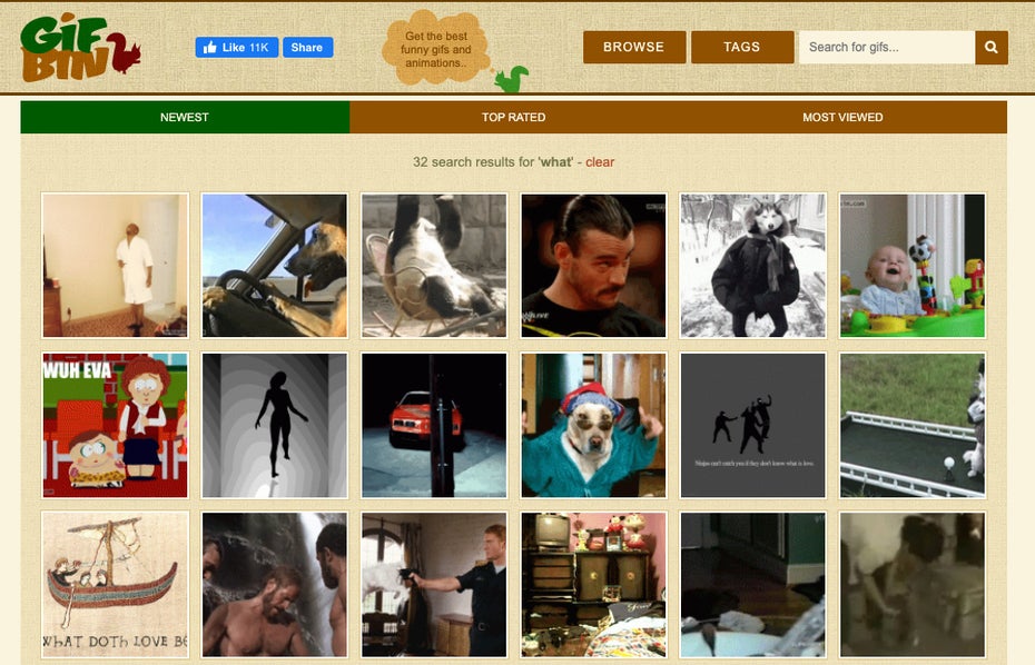 GIFs suchen: GIFbin ist nicht die beste Anlaufstelle, aber durchaus einen Blick wert. (Screenshot: GIFbin)