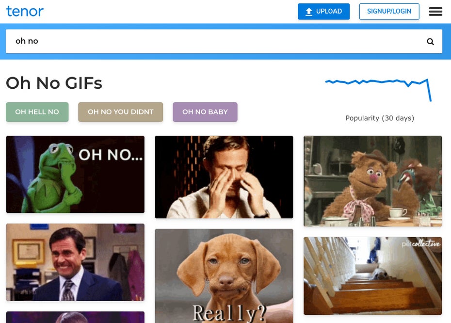 GIFs finden: Die GIF-Suchmaschine Tenor gehört mittlerweile zu Google. (Screenshot: Tenor)