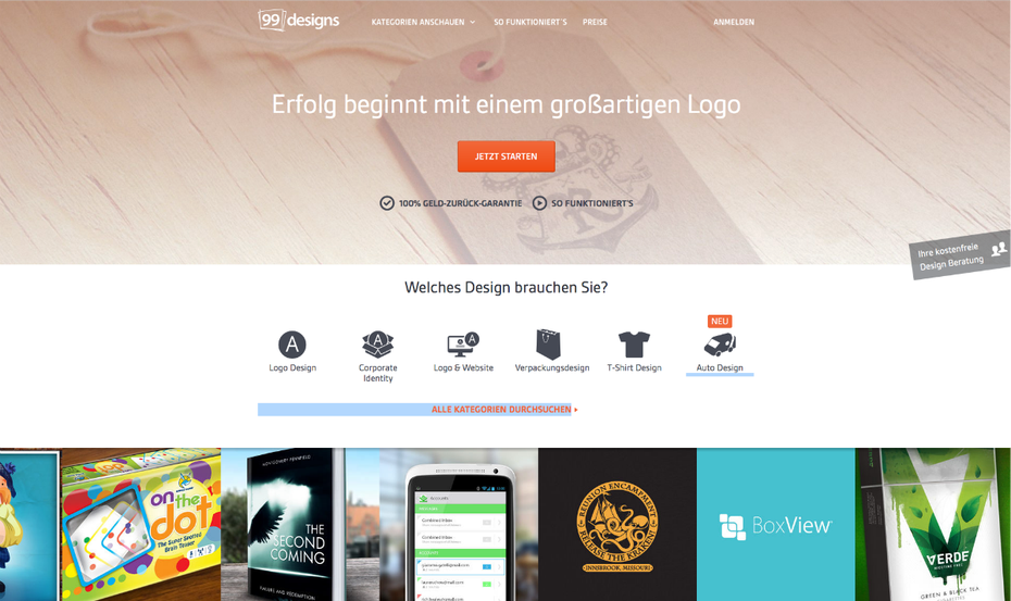 Design-Crowdsourcing-Plattformen wie 99designs versprechen ein schnelles Unternehmenslogo zum günstigen Preis. (Screenshot: t3n)