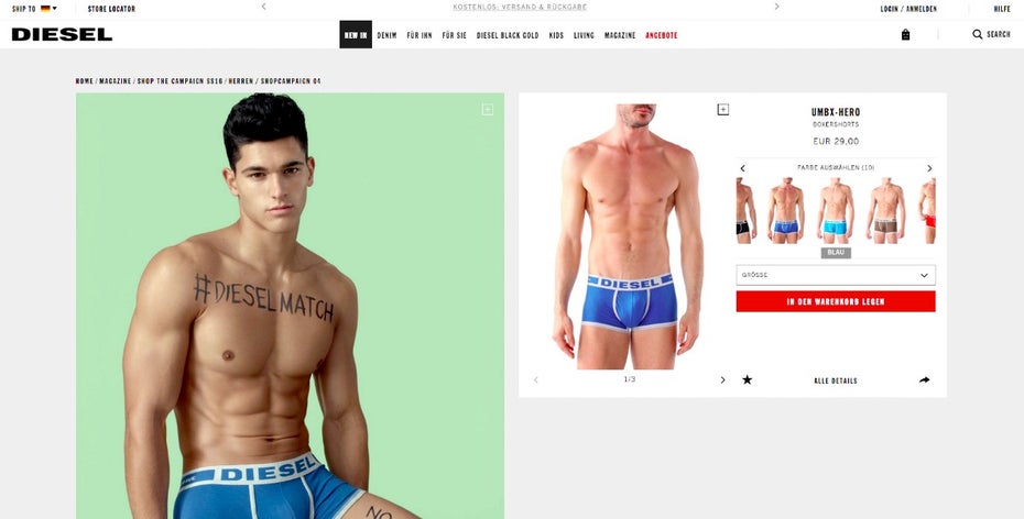Diesel wirbt für seine Unterwäschekollektion unter anderem auch auf Porno-Websites. (Screenshot: store.diesel.com)