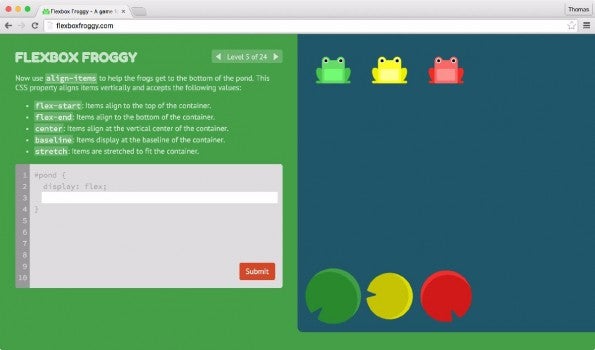 Flexbox Froggy ist ein spaßiges CSS-Lernspiel. (Screenshot: Flexbox Froggy)