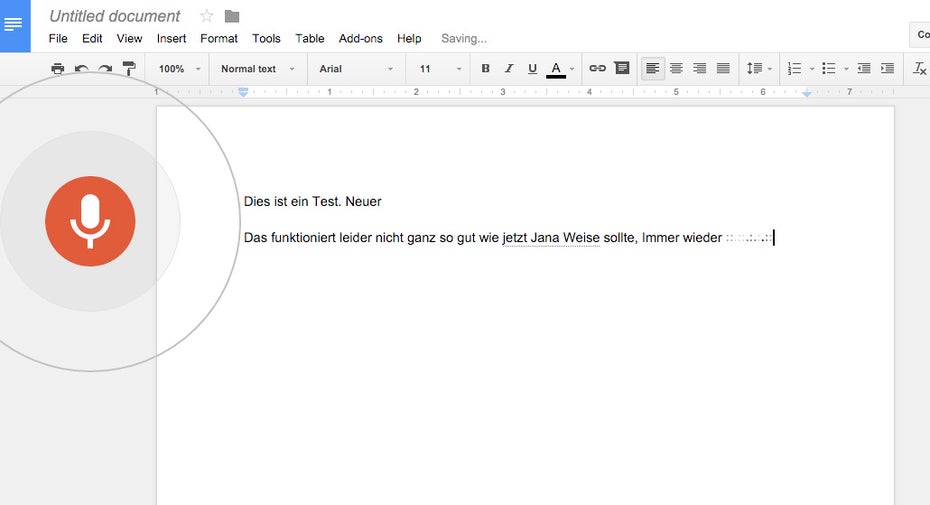 Spracherkennung: Google Docs lässt euch Texte jetzt auch diktieren. (Screenshot: Google Docs)