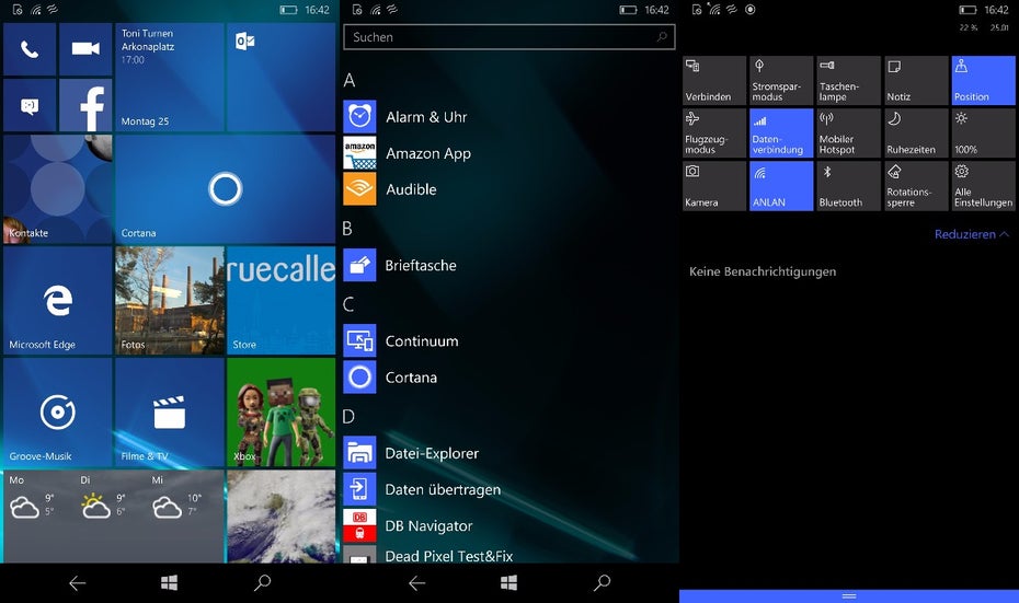 Windows 10 Mobile: Homescreen und Einstellungen sind aufgeräumter. (Screenshots: t3n)