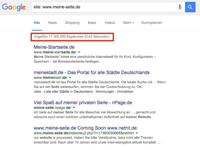 Ein Indiz für die ungefähre Anzahl der indexierten Seiten bei Google. (Screenshot: Google)