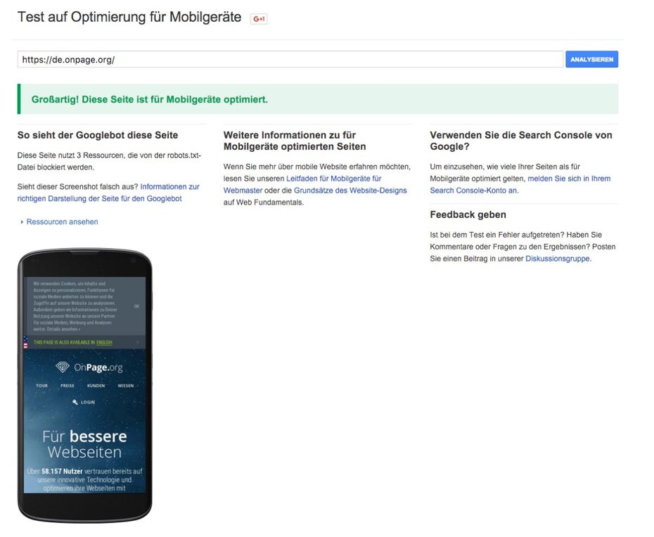 Mobile Friendliness mit dem Google-Test-Tool. (Screenshot: Google)