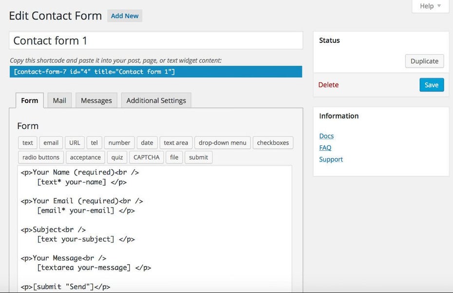 Sehr beliebt, aber nicht die bedienfreundlichste Lösung: Das WordPress-Formular-Plugin „Contact Form 7“. (Screenshot: WordPress.org)