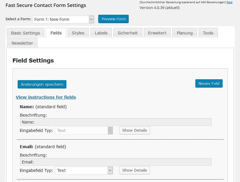 Ansicht der Formular-Erstellung im Fast-Secure-Contact-Form-Plugin. (Screenshot: eigene Installation)