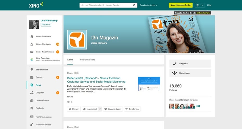 Auch bei XING können Nutzer neben beruflichen Kontakten ausgewählten Publishern folgen. (Screenshot: XING)