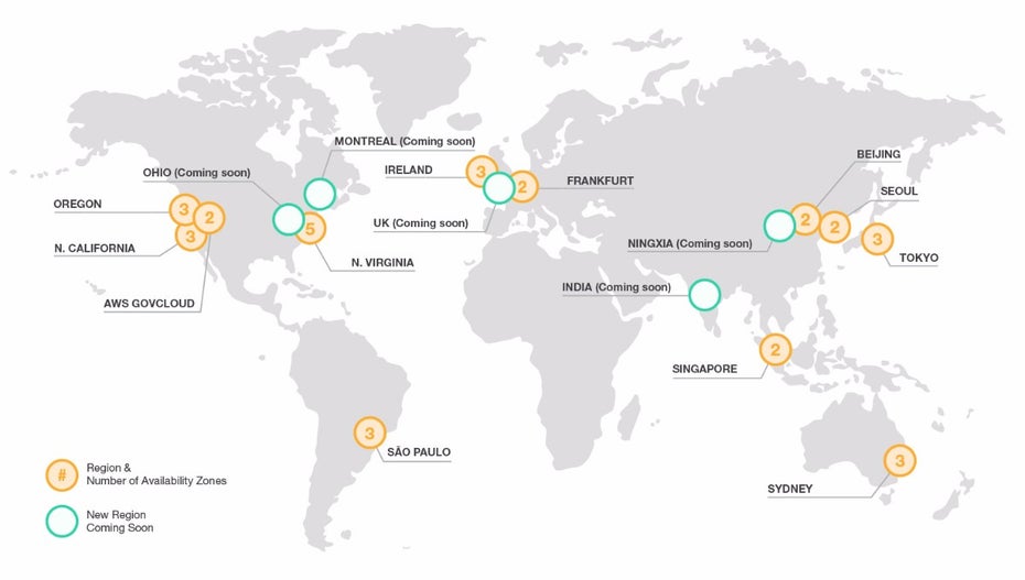 Amazon-Web-Services: Die verschiedenen Cloud-Produkte sind weltweit in mehrere Zonen unterteilt. (Grafik: Amazon)