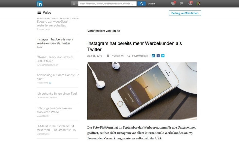 Mit „Pulse“ bietet LinkedIn seinen Nutzern die Möglichkeit, eigene Blogbeiträge auf der Plattform zu erstellen und zu teilen. (Screenshot: LinkedIn)