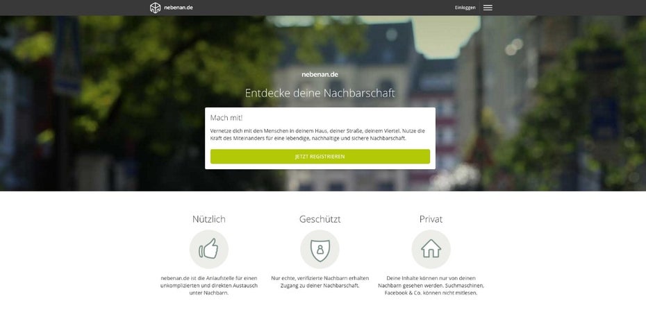 Ein Netzwerk für die Nachbarschaft: Nebenan.de will es Menschen im selben Wohngebiet erlauben, auch digital in Kontakt zu treten. (Screenshot: nebenan.de)