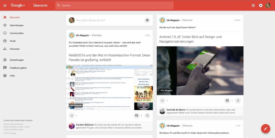 Seit November 2015 in neuem Design: die Facebook-Alternative Google+. (Screenshot: Google+)