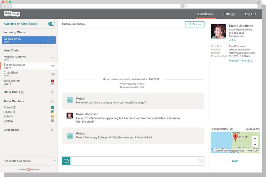 Chat-Ansicht der LiveZilla-Alternative Pure Chat. (Screenshot: Pure Chat)