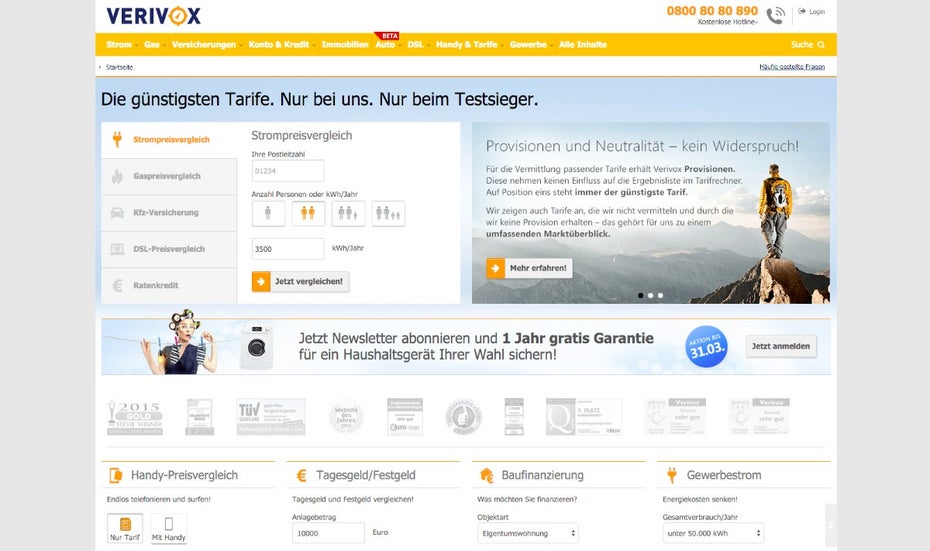 Online-Vergleichsportale: Europäische Kommission und Portalanbieter haben sich auf einen Zehn-Punkte-Plan geeinigt. (Screenshot: verivox.de)