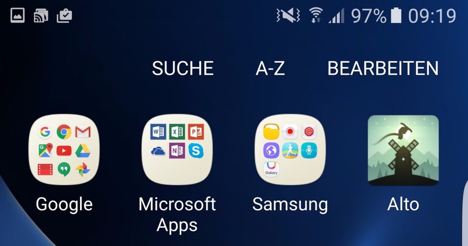 Die Apps von Samsung, Google und Microsoft sind in entsprechenden Ordnern gesammelt. (Screenshot: t3n)