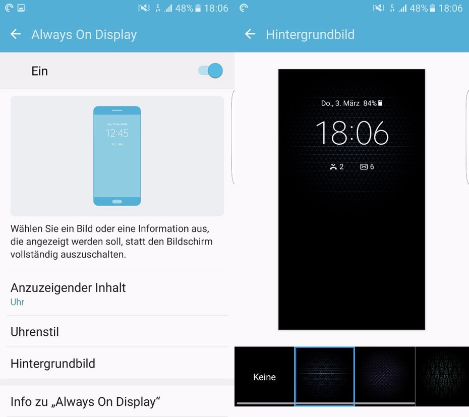 Die Einstellungsoptionen des Always-On-Displays beim Samsung Galaxy S7 (edge). (Screenshots: t3n)