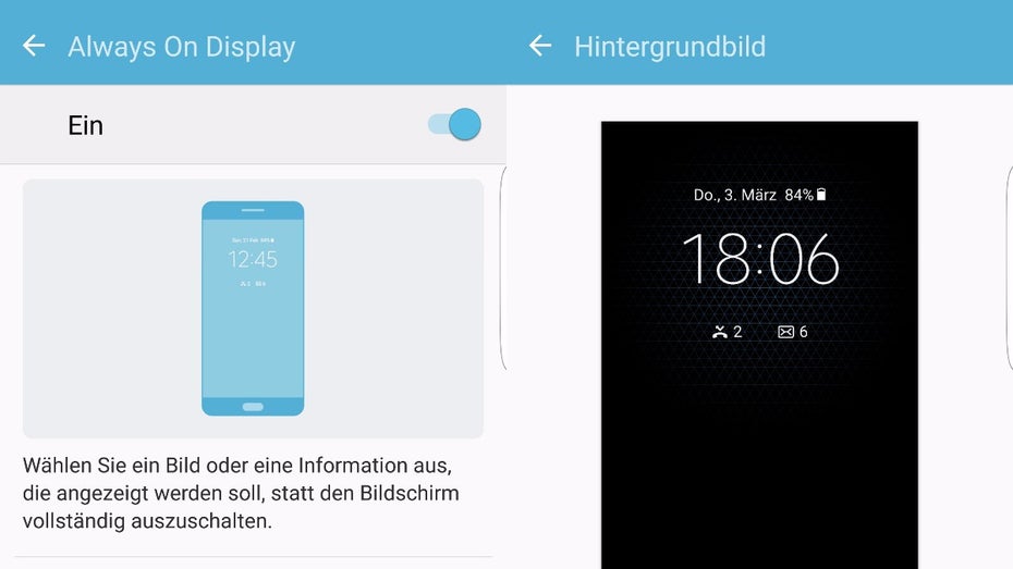 Die Einstellungsoptionen des Always-On-Displays beim Samsung Galaxy S7 (edge). (Screenshots: t3n)
