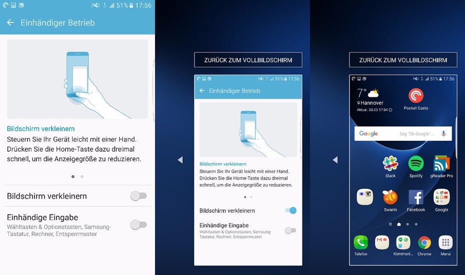 Das Samsung Galaxy S7 edge mit einer Hand bedienen: diese Einstellung soll es erleichtern. (Screenshot: t3n)