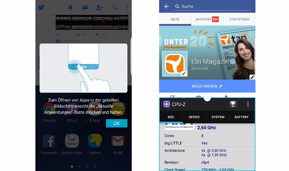 So könnt ihr zwei Apps gleichzeitig auf den Homescreen des Galaxy S7 legen (Screenshot: t3n) 