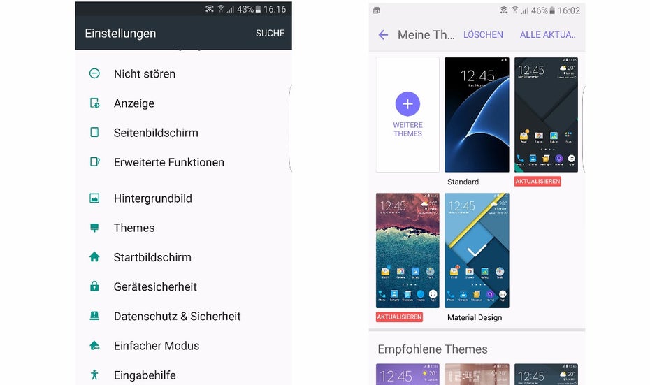 Mithilfe der Themes könnt ihr das Galaxy S7 nach eigenen Wünschen gestalten. (Screenshot: t3n)