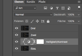 Im Bild ist gut zu sehen, das sich der Ebeneneffekt nur auf die Ebene1 bezieht. (Screenshot: Adobe Photoshop)