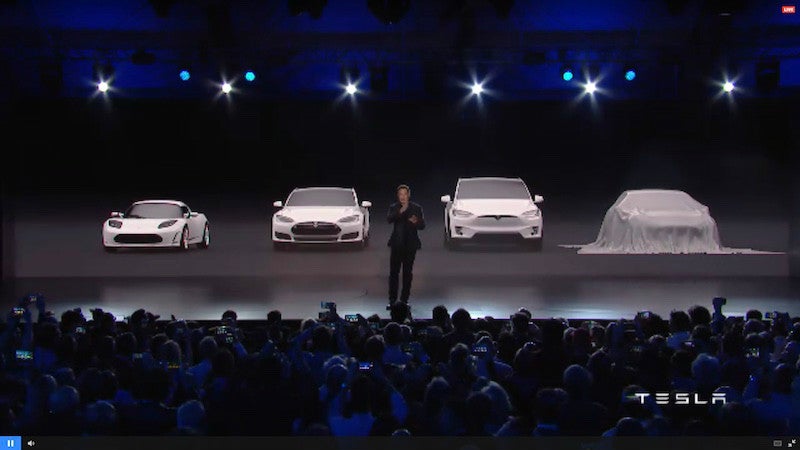 Die Premiere des Tesla Model 3 in der Nähe von Los Angeles. (Screenshot: Tesla-Livestream)