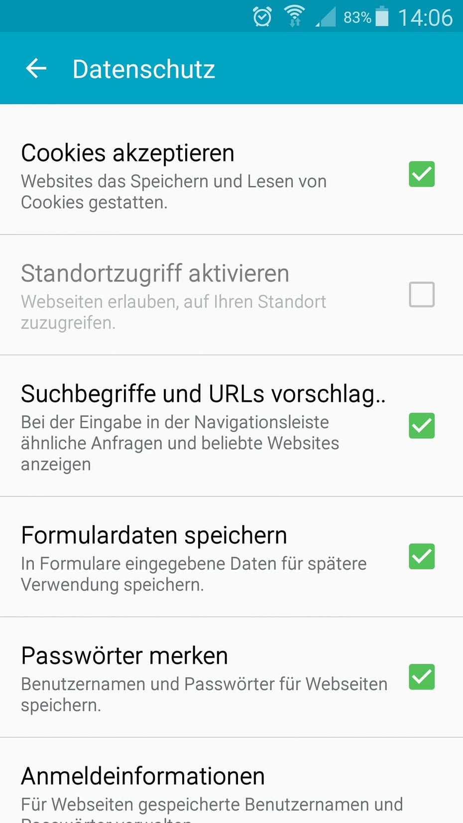 Cookies im Stock-Browser deaktivieren. (Screenshot: Android)