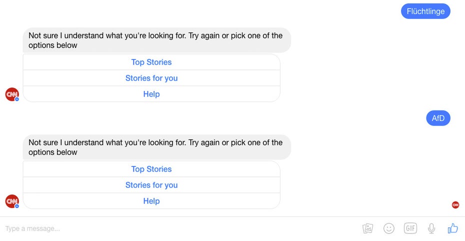 Deutsche Begriffe bekommt der CNN-Bot nicht eingeordnet. (Screenshot: t3n.de)