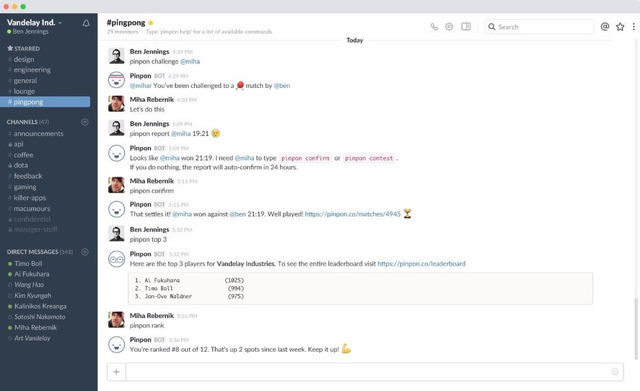 Pinpong im Slack-Channel: Diese App macht es möglich. (Screenshot: Pinpon)