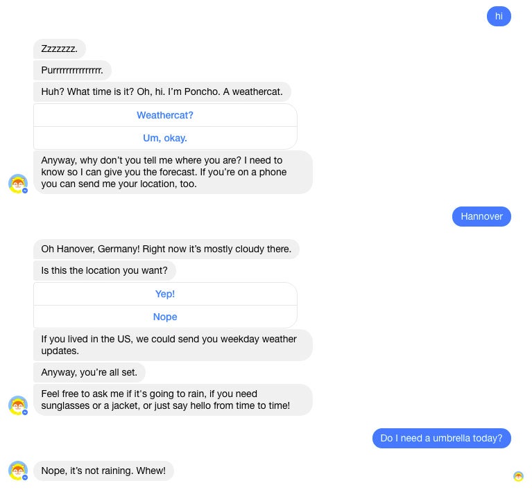 Der Poncho-Bot setzt auf Smalltalk und Humor und antwortet im Kurztest sehr zufriedenstellend. (Screenshot: t3n.de)