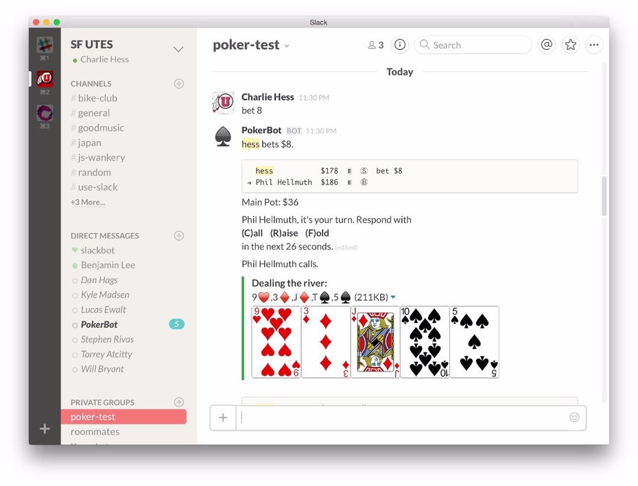 Slack-App: Ein quelloffener Poker-Bot für euer Team. (Screenshot: Slack Poker Bot)