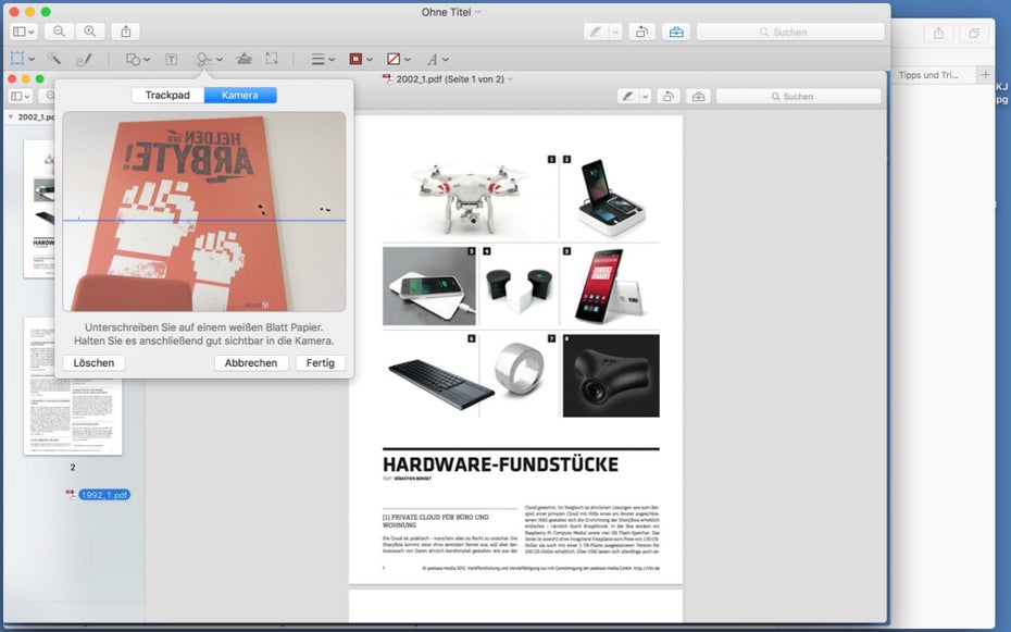 Ihr könnt PDFs mittels der FaceTime-Kamera und einer analogen Unterschrift signieren. (Screenshot: t3n)