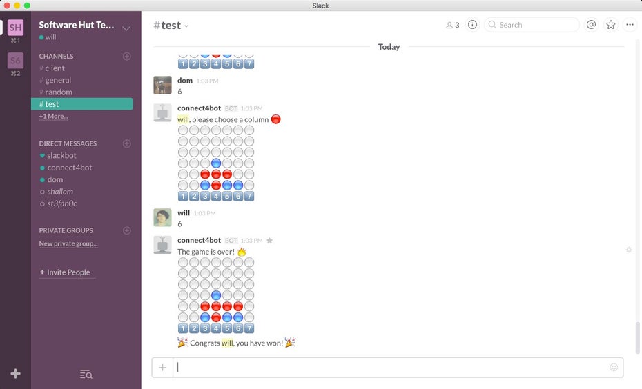 „Vier gewinnt“ im Slack-Channel. (Screenshot: Slack Connect 4 Bot)