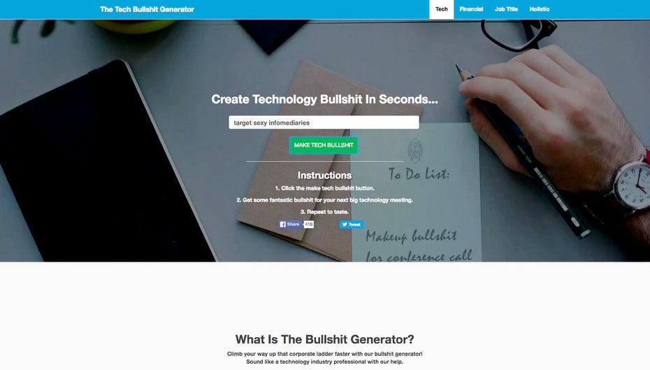 Tech-Buzzwords: Der Bullshit-Generator lässt euch wie ein Profi klingen. (Screenshot: makebullshit.com)
