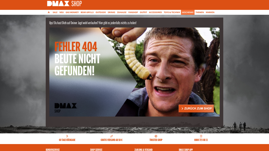 Die 404-Fehlerseite eines Outdoor-Shops. (Screenshot: dmax-shop.de)