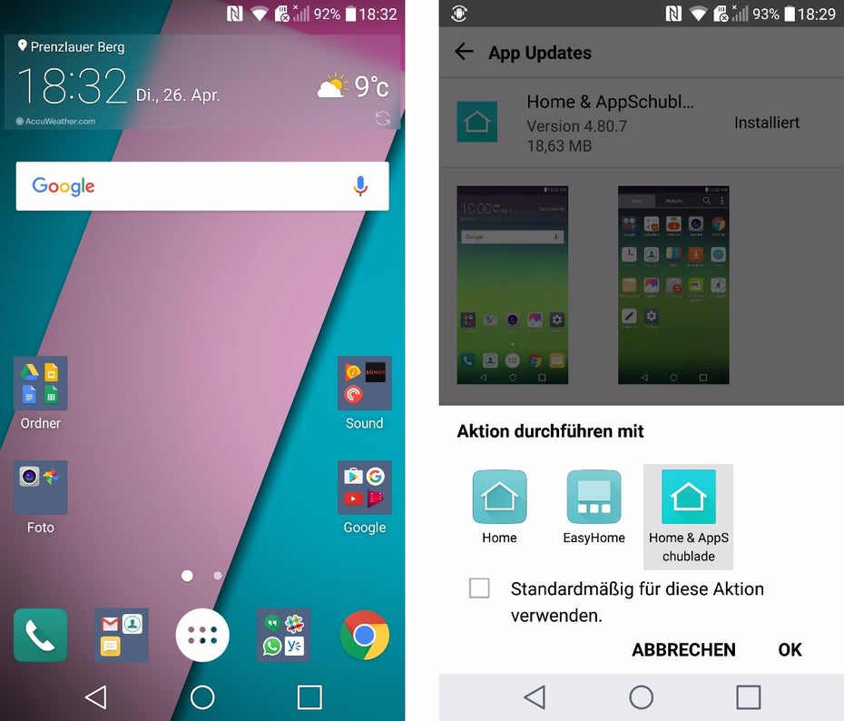 ... nach Kritik hat LG ein Update veröffentlicht und eine „App-Schublade“ nachgereicht. (Screenshot: t3n)