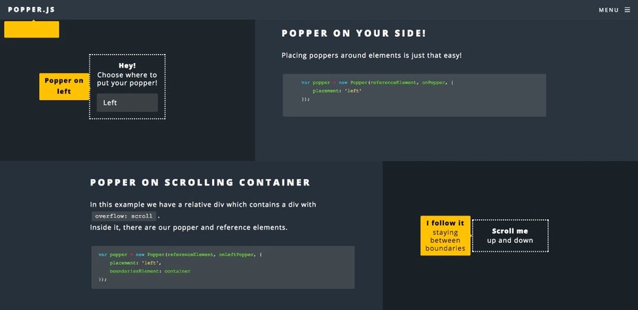 Mit Popper.JS sitzen Tooltips immer da, wo sie sitzen sollen. (Screenshot: Popper.JS)