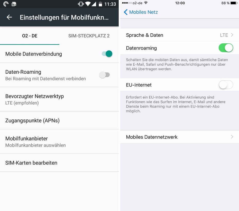 Sowohl unter Android als auch unter iOS könnt ihr die Roaming-Funktion deaktivieren. (Bild: t3n)