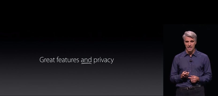 Mithilfe der Differential Privacy soll iOS 10 tolle Features bieten, ohne auf Privatsphäre verzichten zu müssen, so Apples Software-Chef Craig Federighi. (Screenshot: Apple)