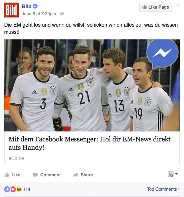 Die Bild nutzt den Facebook Messenger um Artikel zu teilen: Ab sofort können EM-News abonniert werden. (Screenshot: t3n.de)