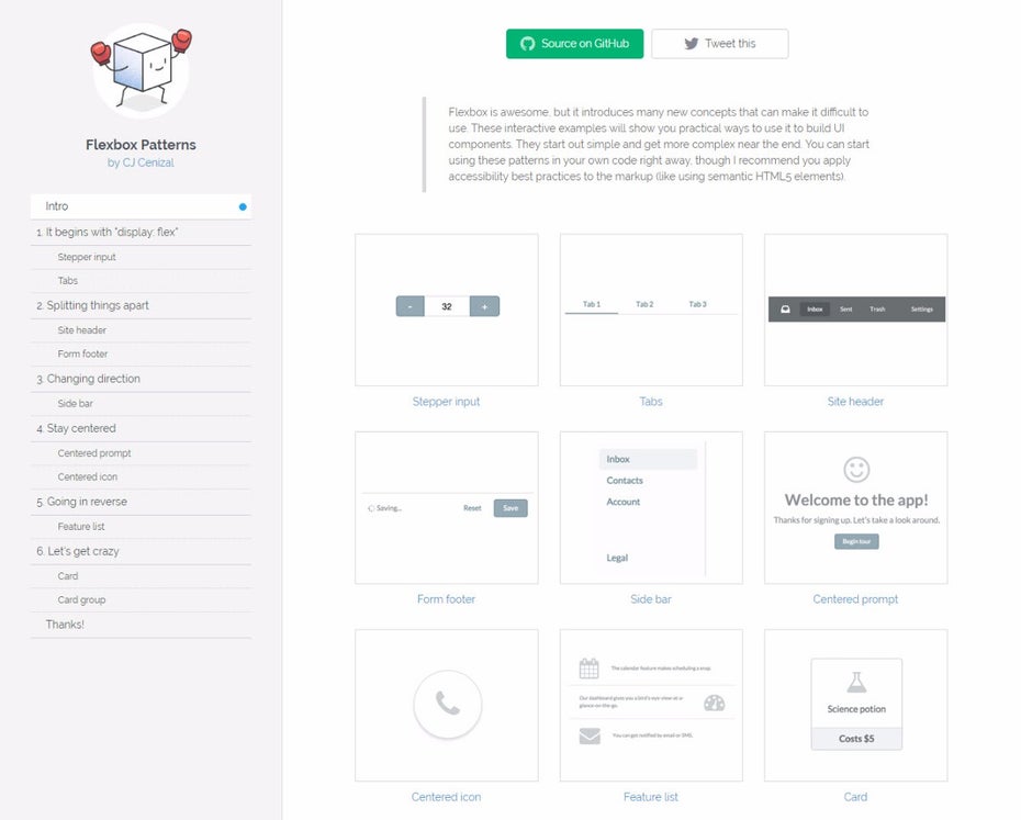 Flexbox Patterns: Startseite. (Screenshot: t3n)