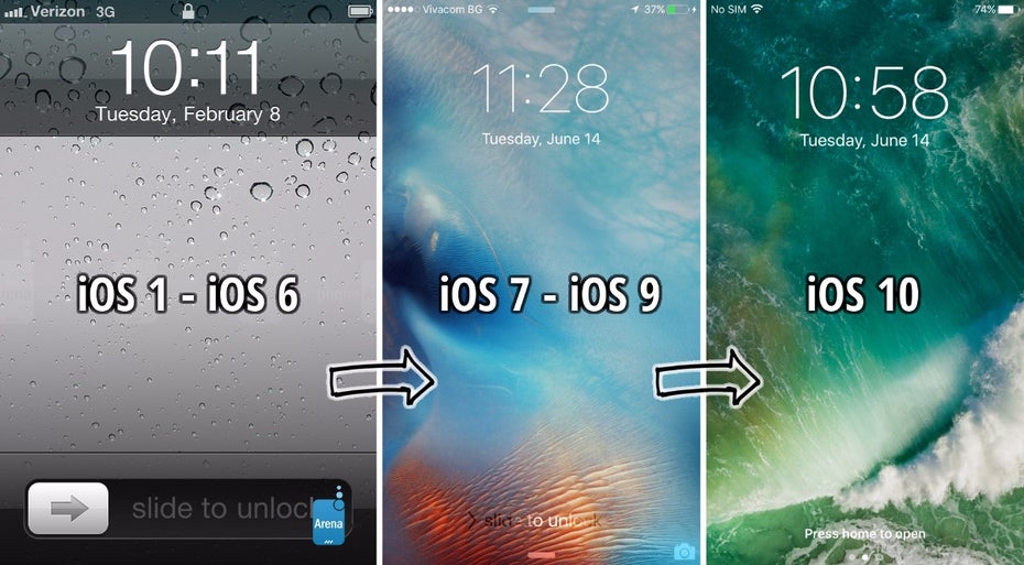 Slide-to-Unlock ist nicht mehr. Unter iOS 10 müsst ihr zum Entsperren auf den Homebutton drücken. (Bild: PhoneArena)