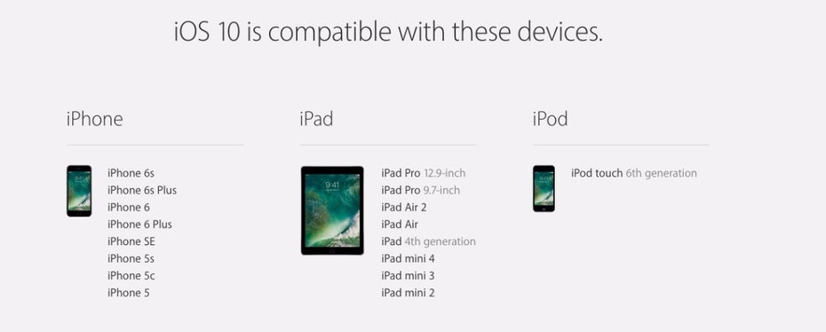 iOS 10 wird offiziell auf diesen Geräten installiert werden können. (Screenshot: Apple)