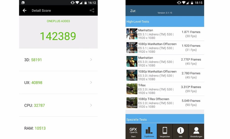 Sowohl im Antutu- als auch im GFX Benchmark legt das Oneplus 3 sehr gute Werte an den Tag. (Bild: t3n)