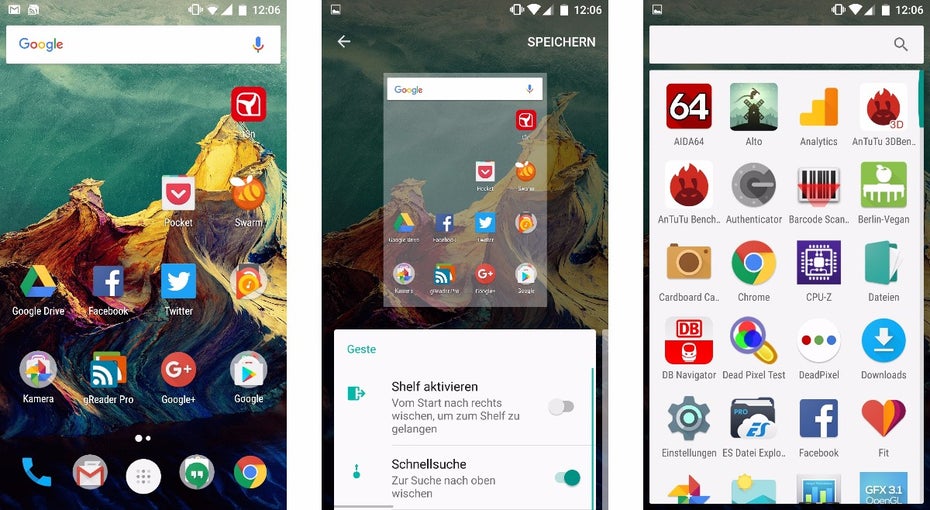 Homescreen und App-Drawer des Oneplus 3 – mit einem Langdruck auf das Display könnt ihr den „Shelf“ aktivieren. (Bild: t3n)