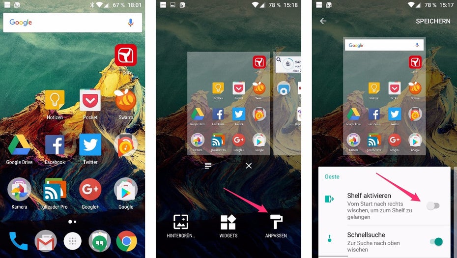 Der Homescreen des Oneplus ganz links ist mit dem „Shelf“ belegt. Diesen könnt ihr bei Bedarf auch deaktivieren. (Bild: t3n)