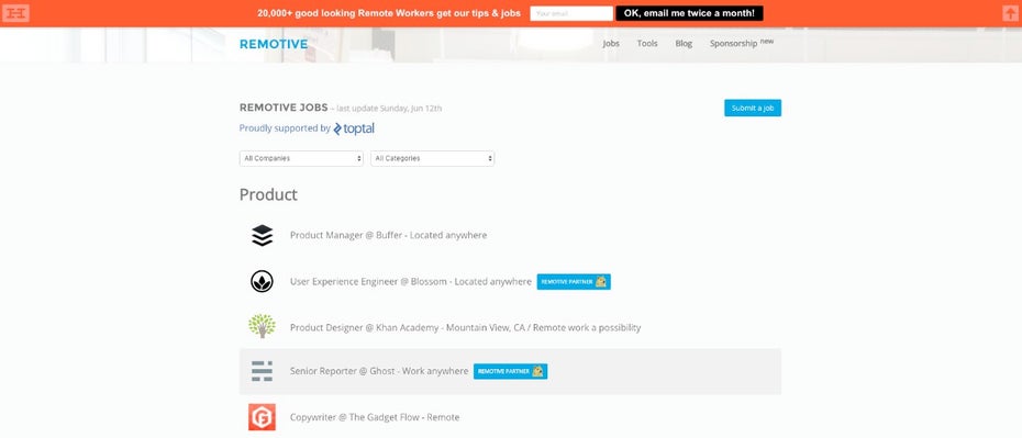 Remotive Job informiert euch auf Wunsch auch per E-Mail über neue Jobangebote. (Screenshot: job.remotive.io)