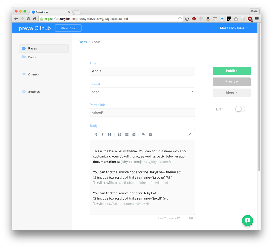 Mit Forestry.io können Jekyll-Webseiten auch ohne Kommandozeile editiert werden. (Screenshot: forestry.io)