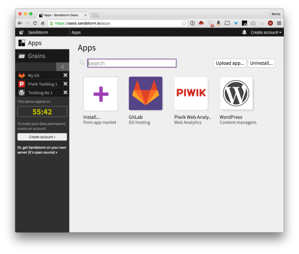 Drei parallel laufende Instanzen von GitLab, Piwik und WordPress in Sandstorm. (Screenshot: t3n)